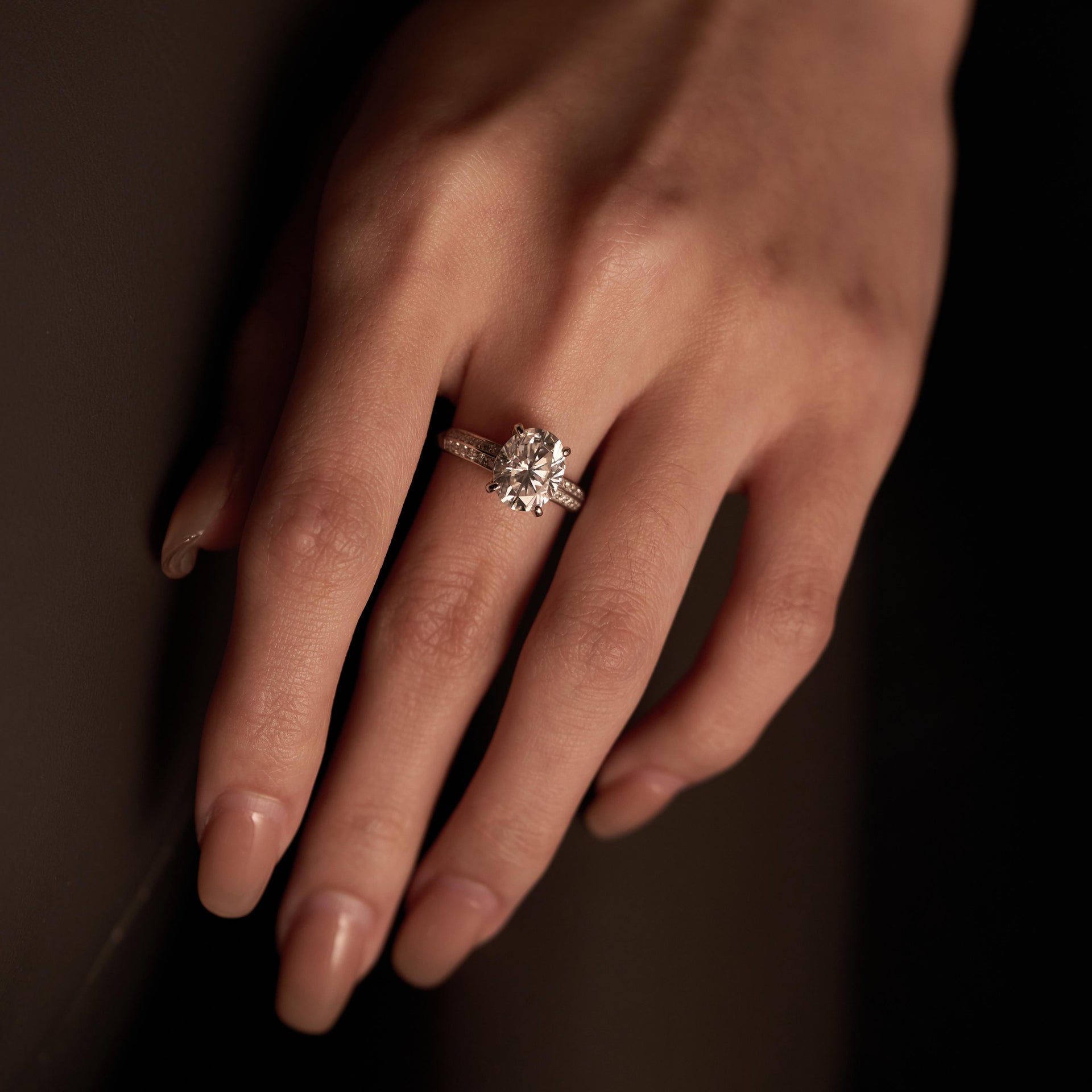 3 Carat Oval Moissanite Engagement Ring with Pavé Double Row Band