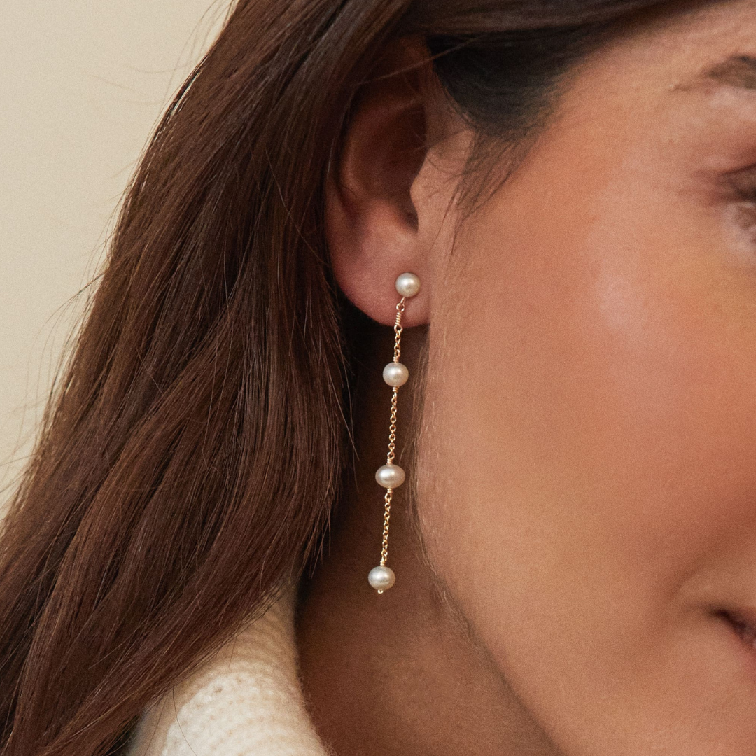 Gold Four Pearl Drop Earrings