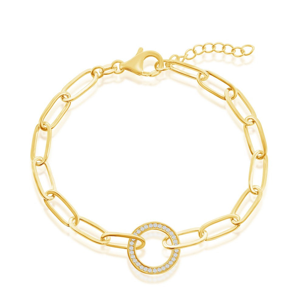Sterling Silver or Gold Plated Over Sterling Silver CZ Circle Paperclip Bracelet
