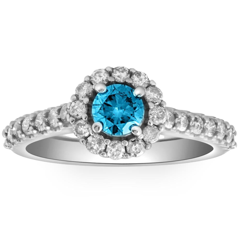 1 3/8 ct Blue Diamond Halo Engagement Ring 14K White Gold
