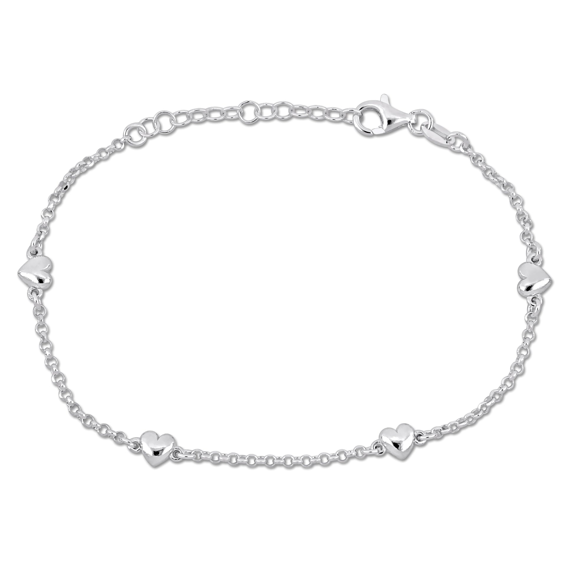 Mimi & Max Four Heart Charm Station Bracelet on diamond Cut Rolo Chain in Sterling Silver- 7+1 in.