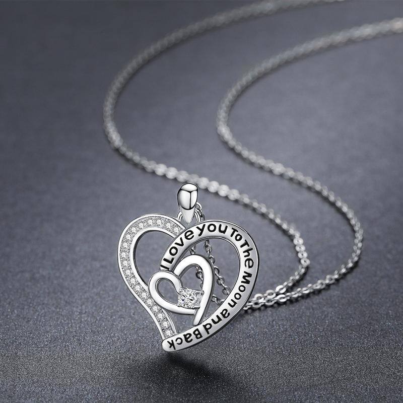 Sterling Silver Cubic Zirconia Heart Pendant Engraved Necklace for Women