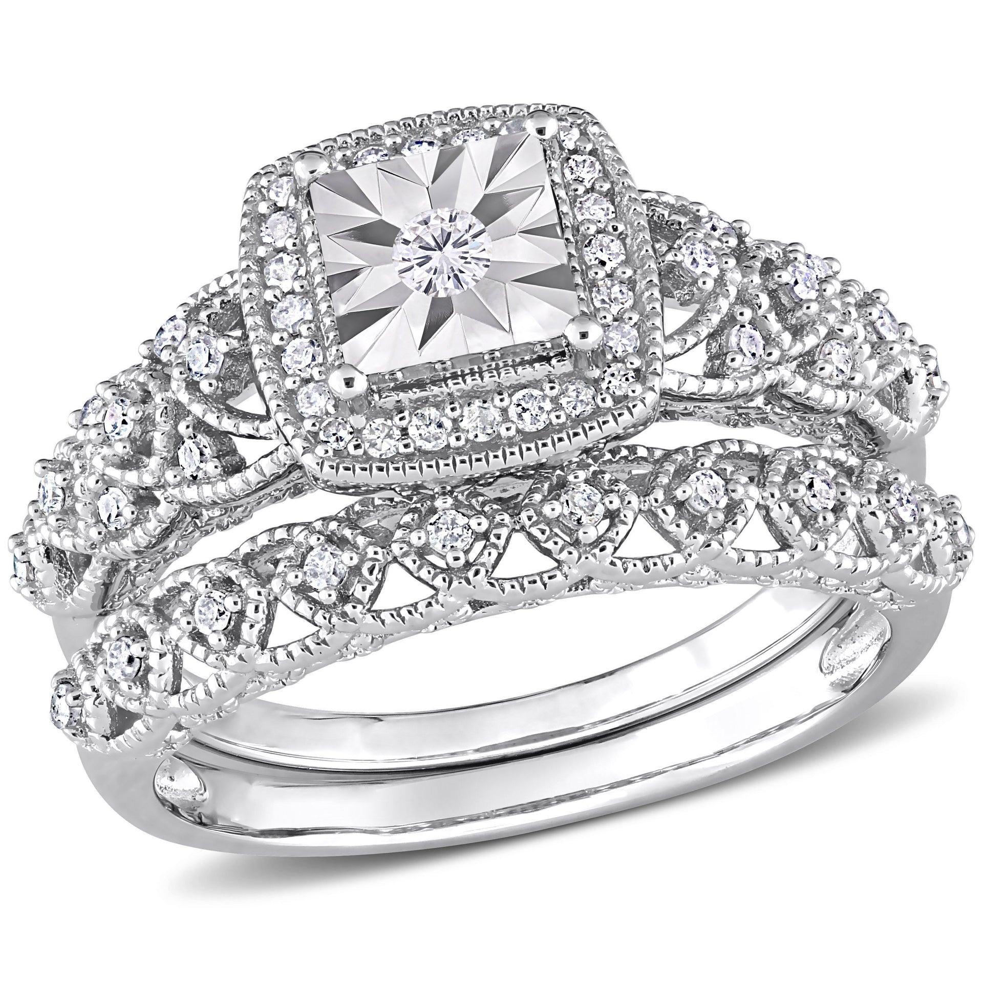 1/3ct TDW Diamond Square Halo Bridal Ring Set in Sterling Silver