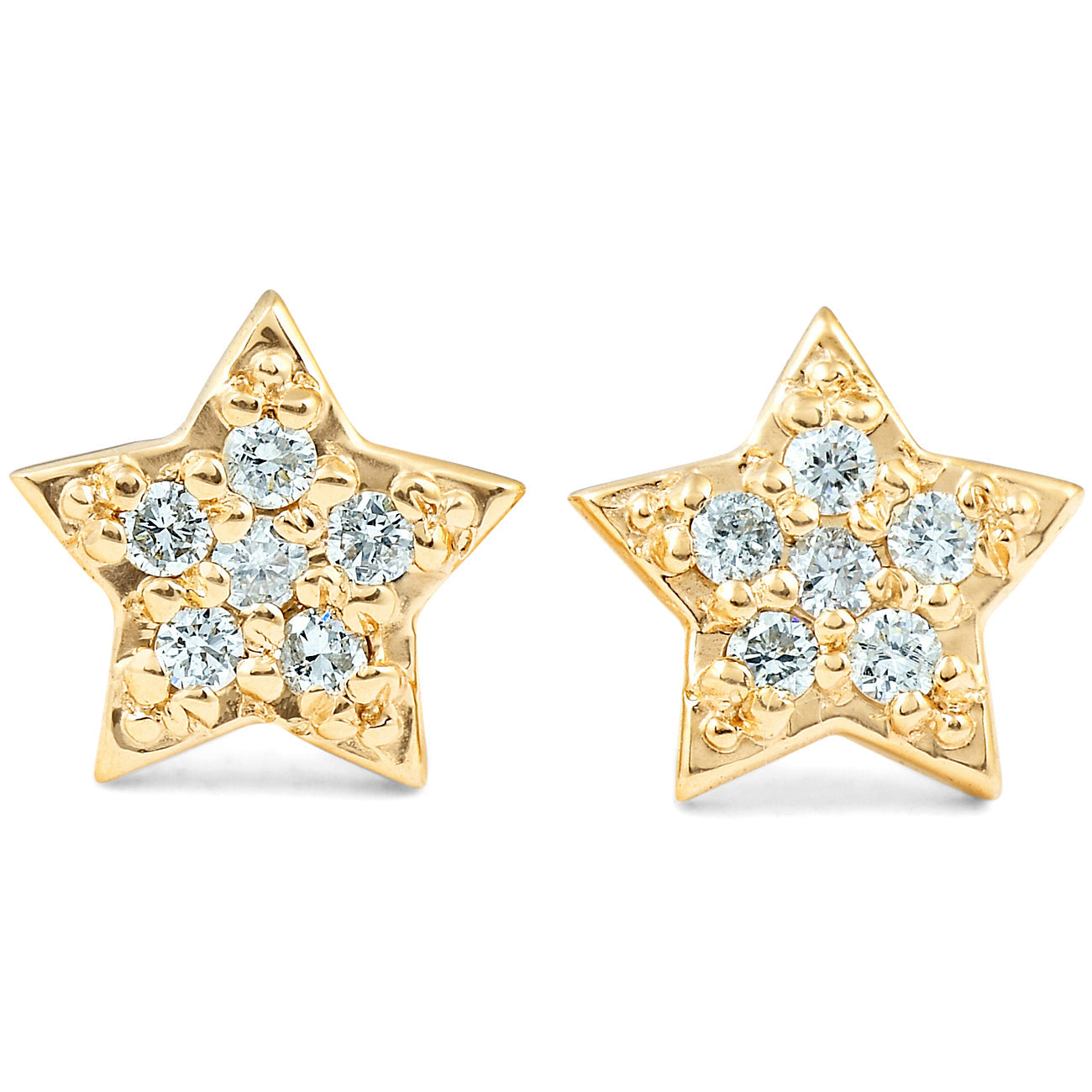 14K Yellow Gold Diamond Pave Petite Star Studs Dainty High Polished 6.5MM