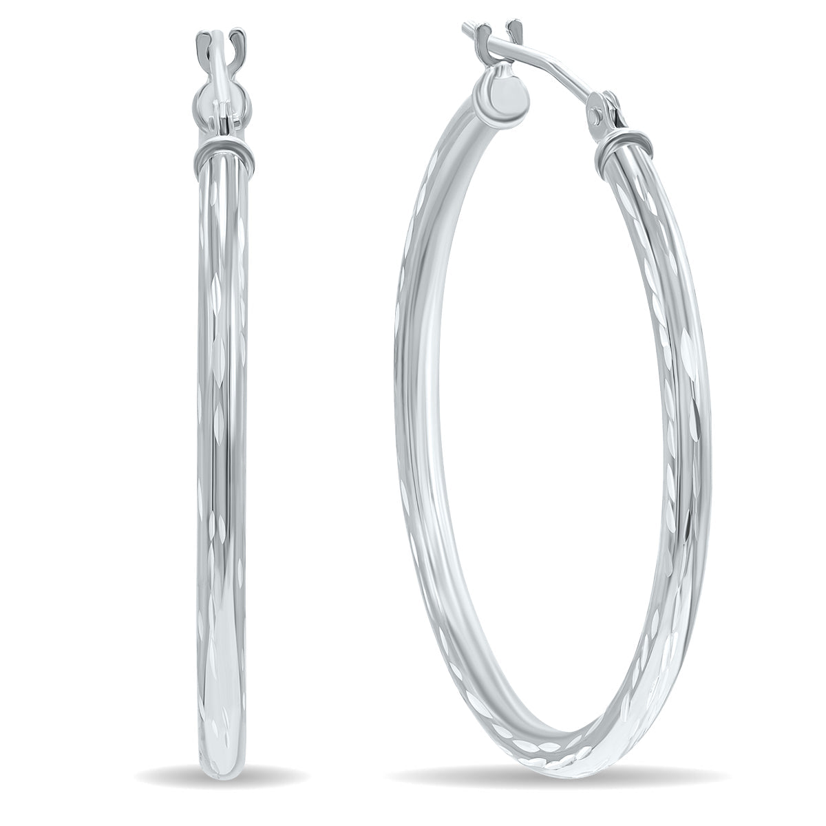 10K White Gold Shiny Diamond Cut Engraved Hoop Earrings 30mm