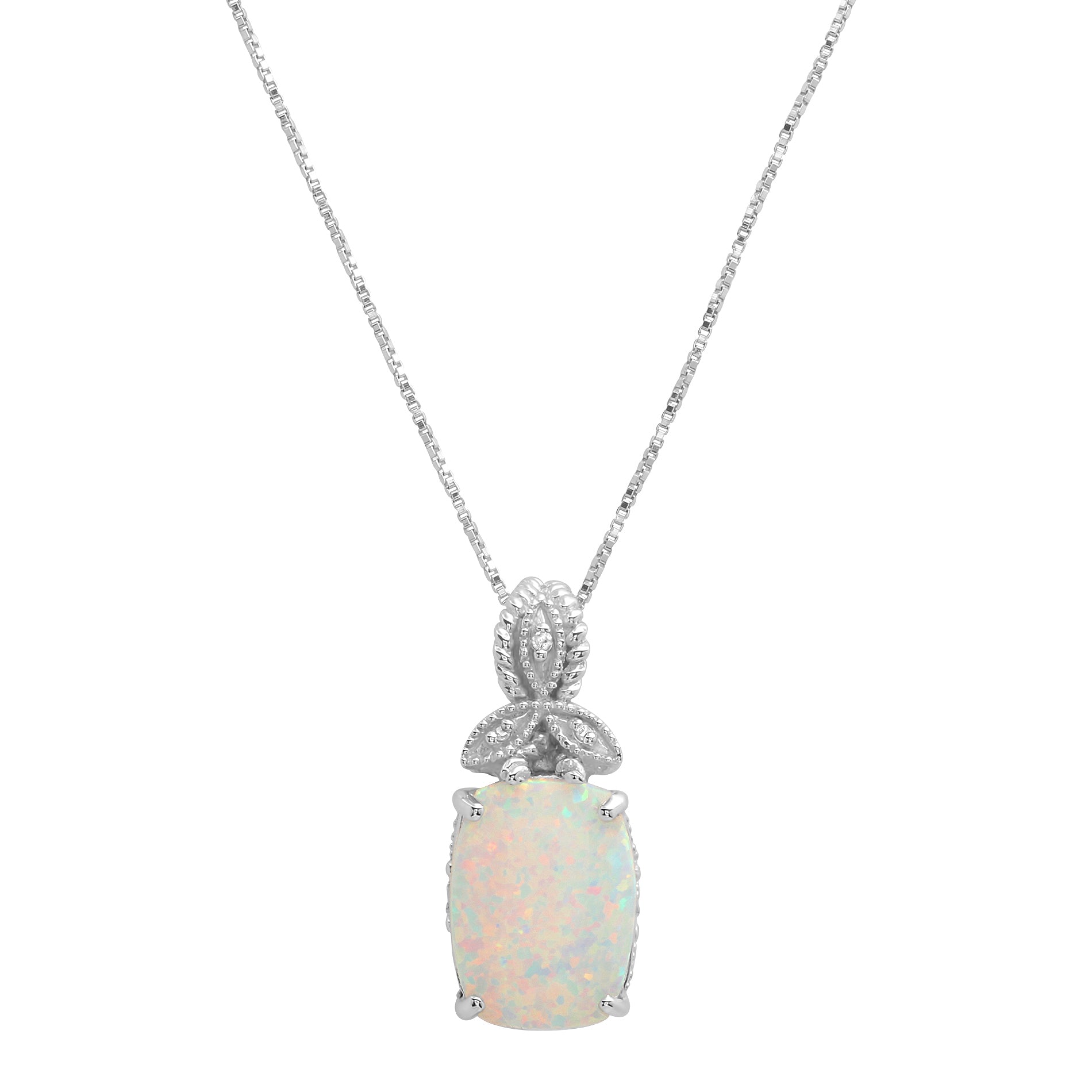 Sterling Silver 13x10mm Created Opal and Diamond Accent Pendant Necklace, 18'