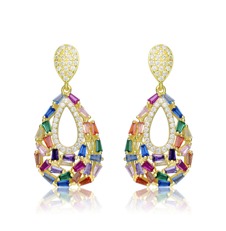Sterling Silver With Gold Plated Multi Color Baguette And Round Cubic Zirconia Pear Shape Drop Earrings