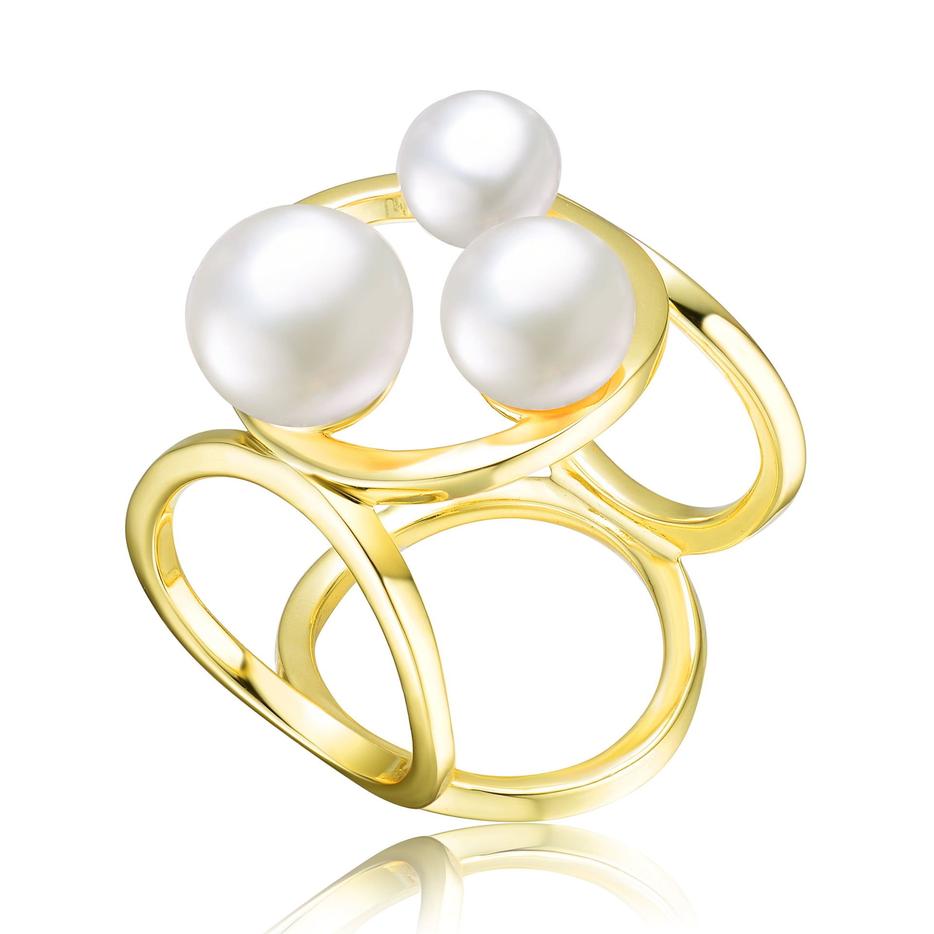 Sterling Silver Gold Plated 6.5-8MM Freshwater Pearls Geometric Ring