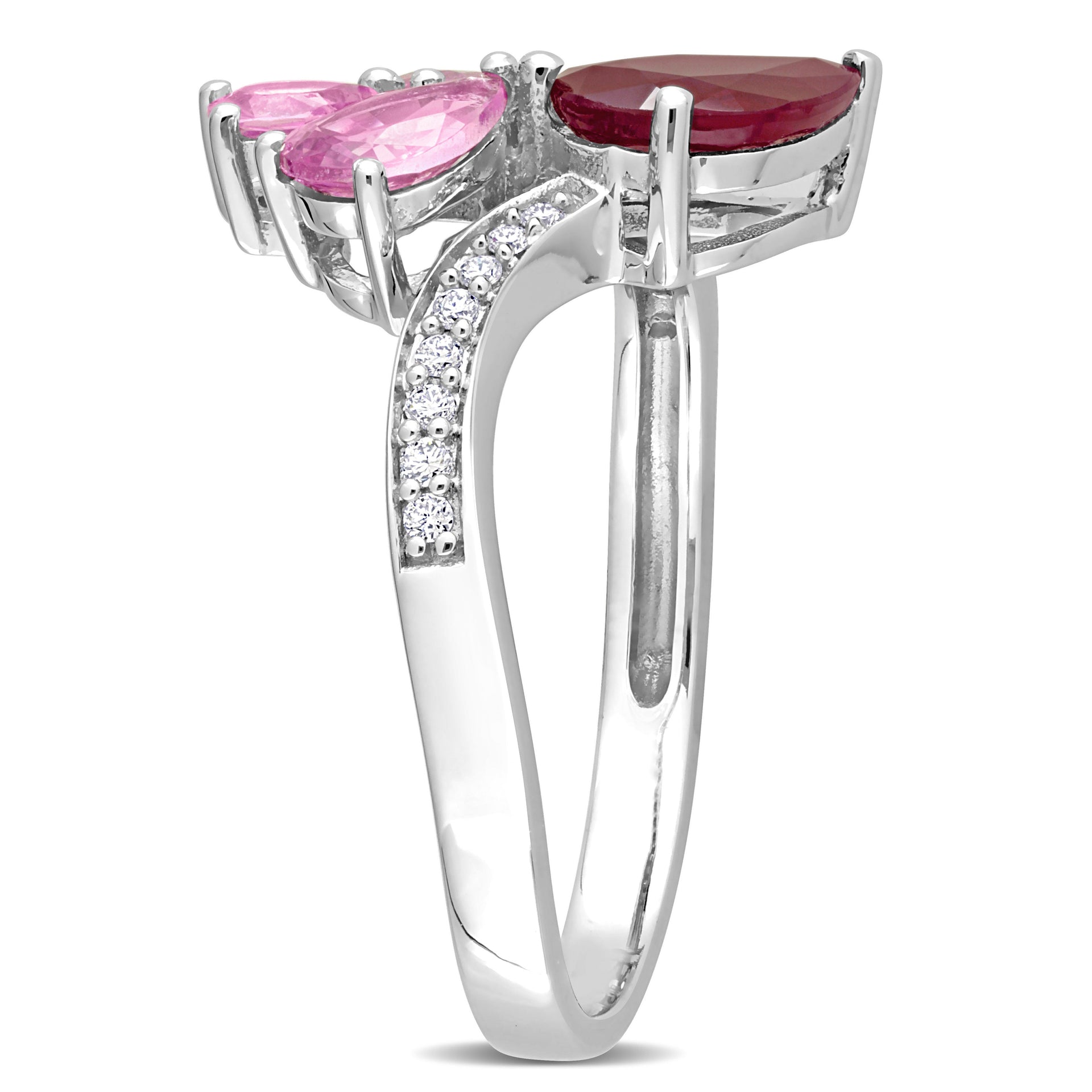 2 1/5 CT TGW Pear Cut Ruby and Pink Sapphire and 1/10 CT TW Diamond Ring in 14K White Gold