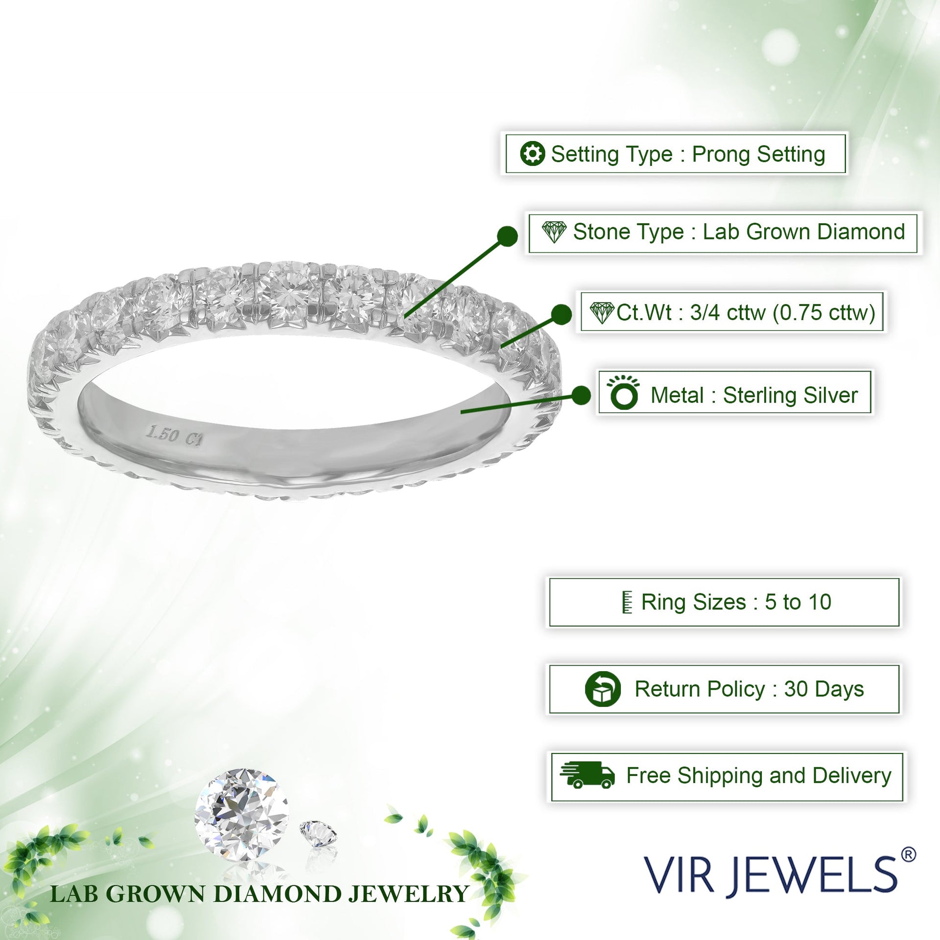 1.50 Cttw Lab Created Diamond Wedding Band 925 Sterling Silver Prong