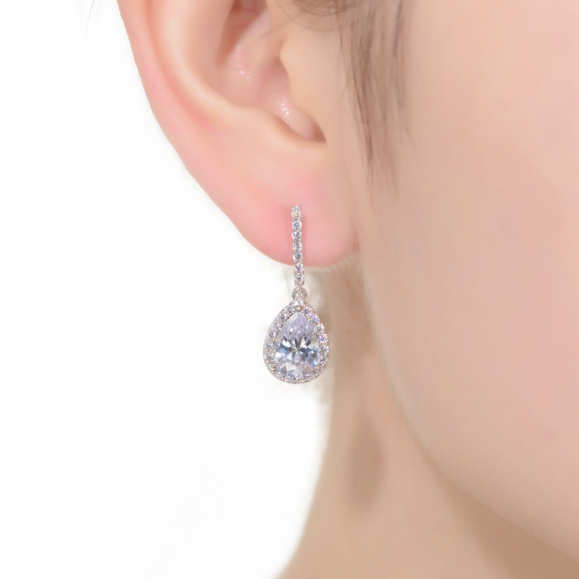Sterling Silver With Rhodium Plated Clear Pear And Round Cubic Zirconia Halo Linear Drop Earrings