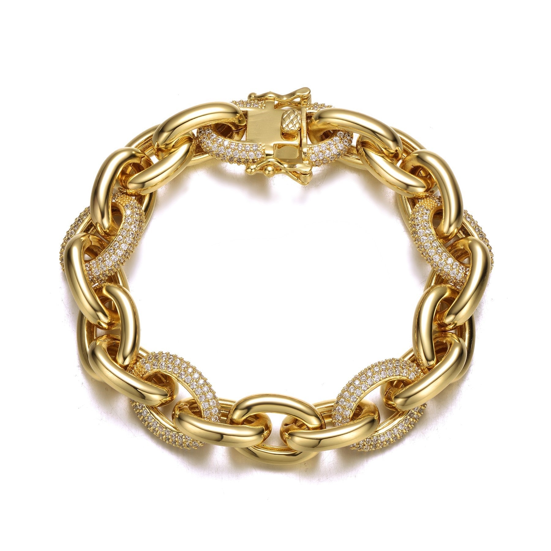 RG 14k Yellow Gold Plated with Cubic Zirconia Chunky Tubular Oval Cable Chain Bracelet