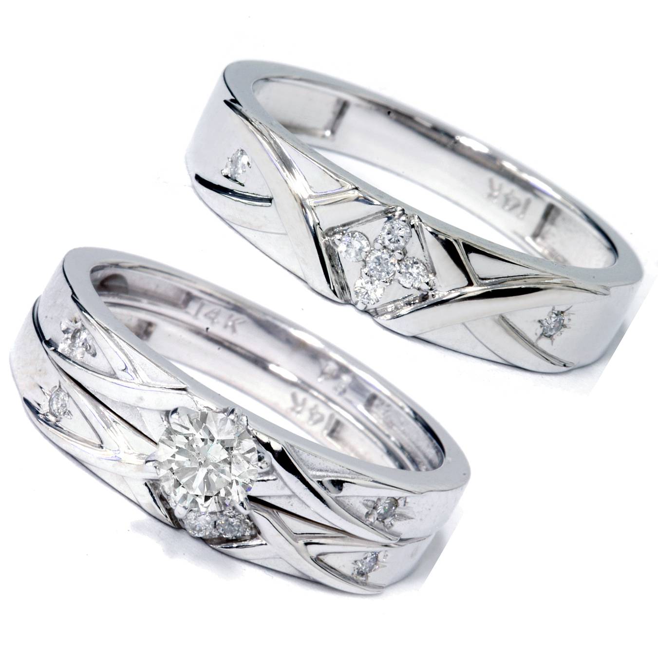 Matching Diamond Engagement Wedding Ring Set His Hers White Gold 14k