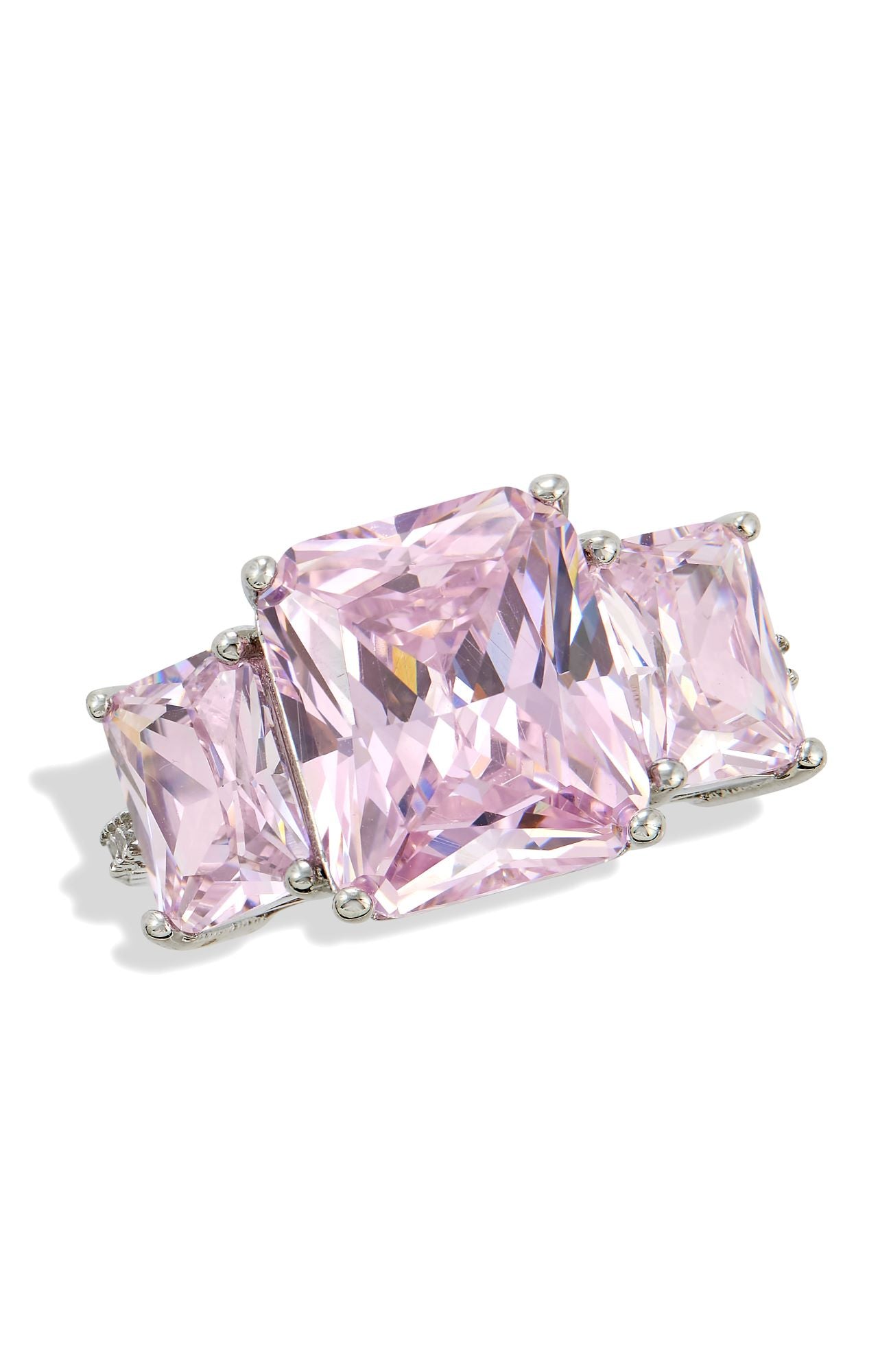 RHODIUM PLATED BOLD PINK 3 STONES RING
