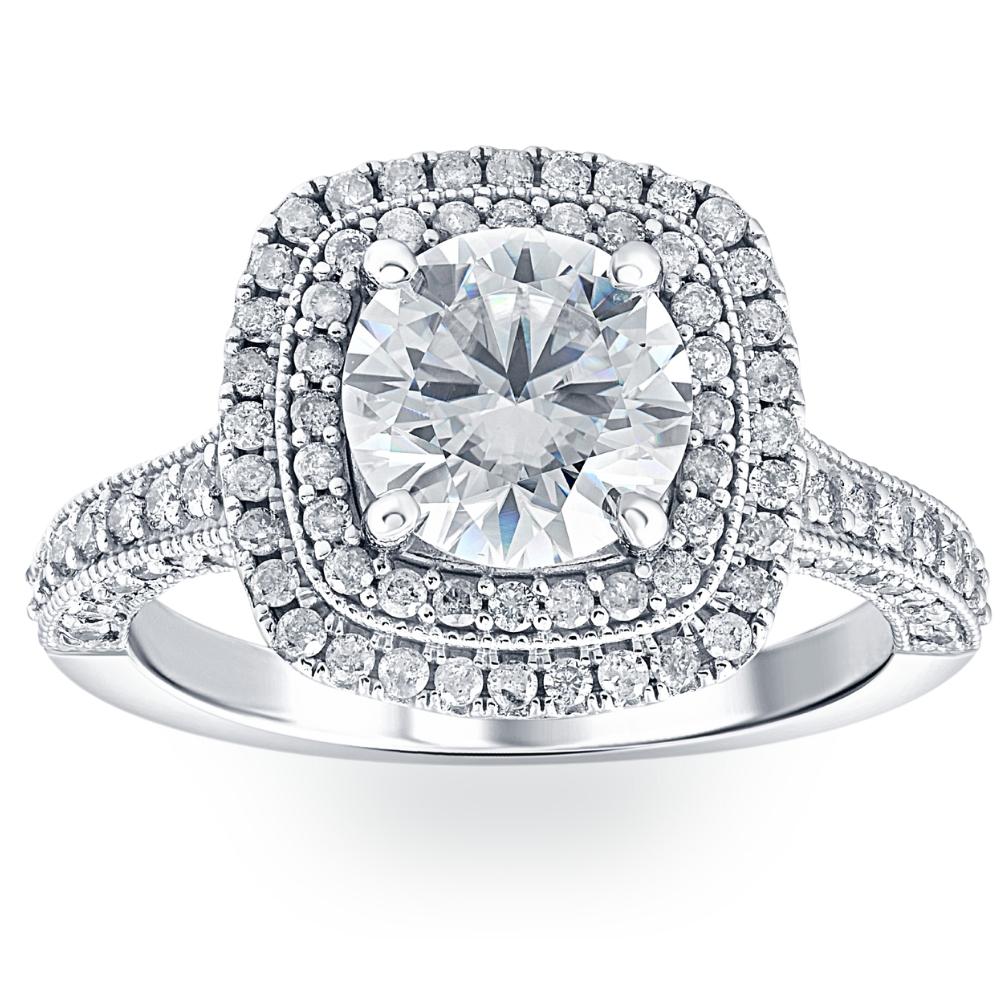 3Ct Diamond & Moissanite Cushion Halo Engagement Ring in White or Yellow Gold