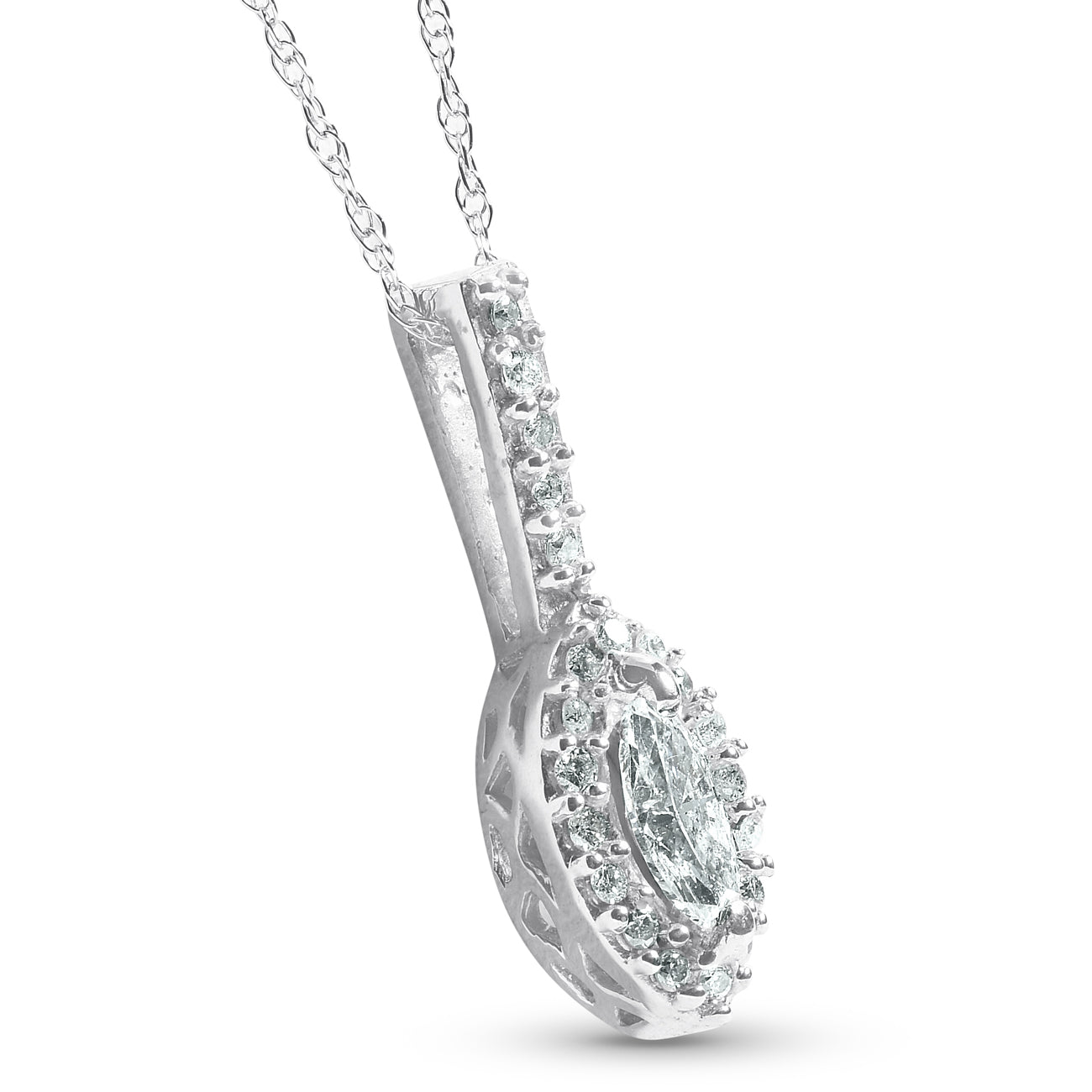 1/2 CT Fancy Marquise Pave Halo Diamond Solitaire Pendant 14K White Gold