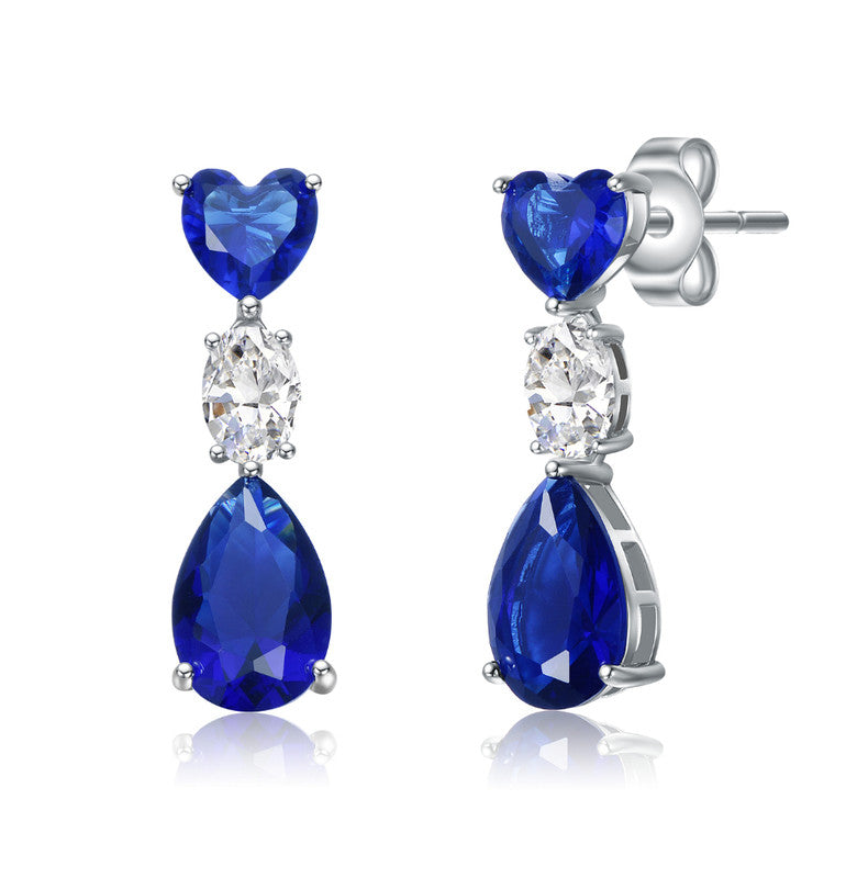 Sterling Silver White Gold Plated With Blue & White Cubic Zirconia Three-stone Dangle Earrings