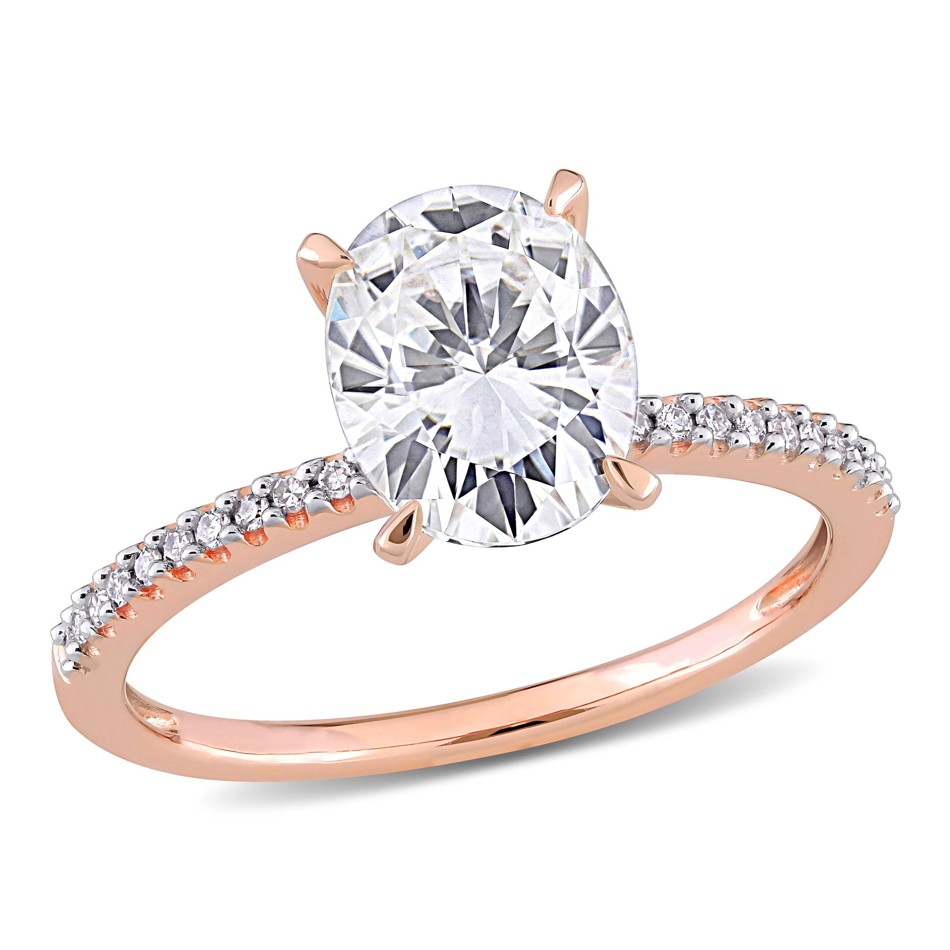 2 ct DEW Created Moissanite Oval Solitaire and 1/10ct TW Diamond Engagement Ring in 14k Rose Gold