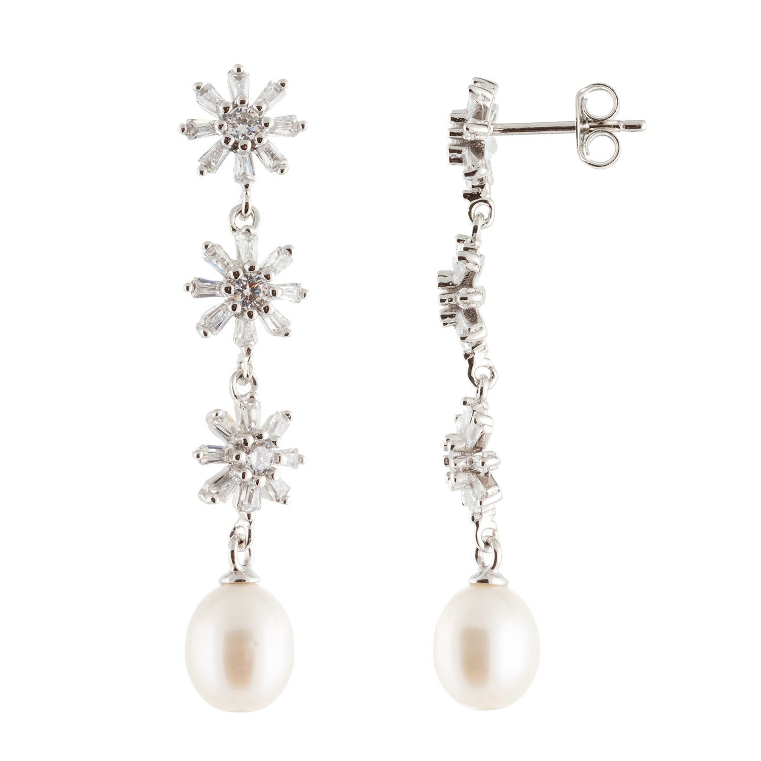 Sterling Silver CZ Cluster Freshwater Pearl Earrings