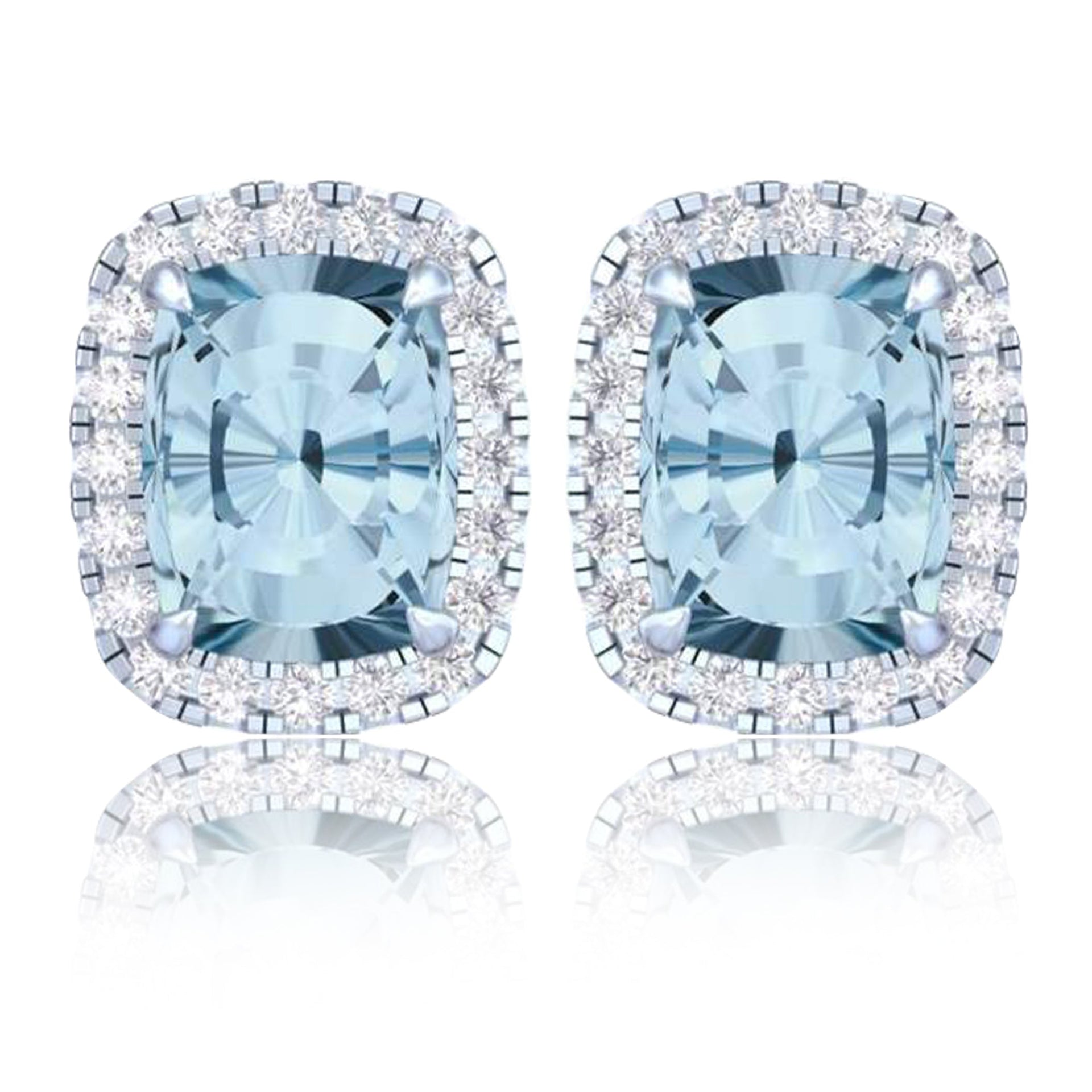 14k White Gold Vivid Blue Cushion Cut 5.60 CT Lab-grown Diamond Halo Stud Earrings