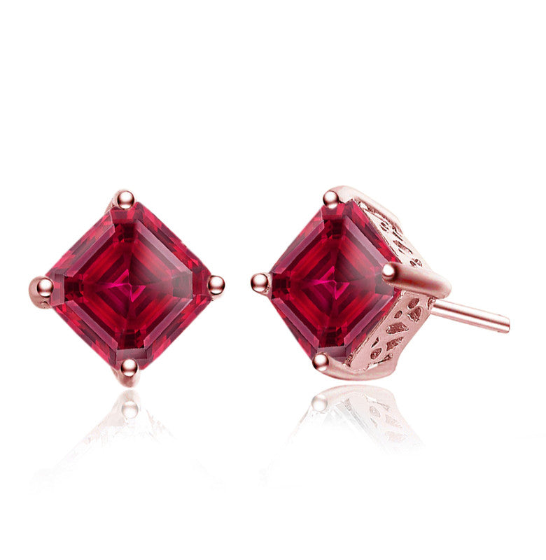 Sterling Silver With Colored Cubic Zirconia Square Stud Earrings