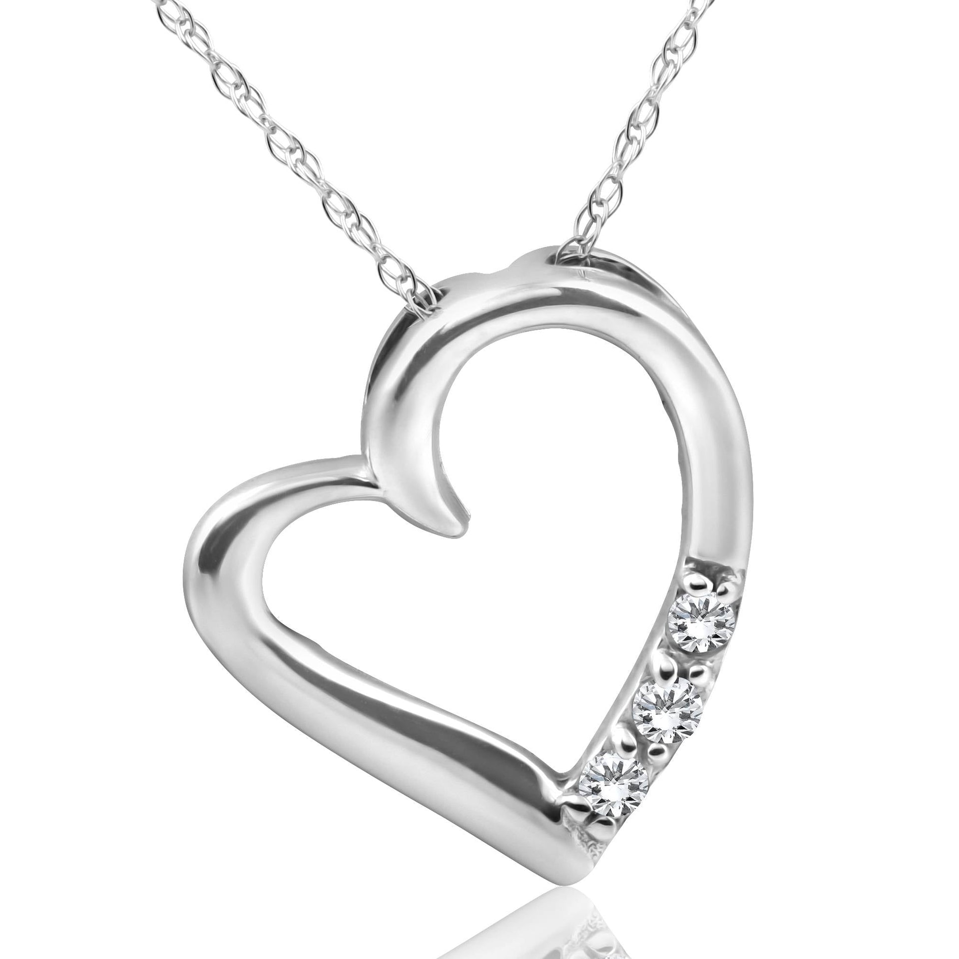 Diamond Heart Pendant Necklace 3-Stone 10K White Gold