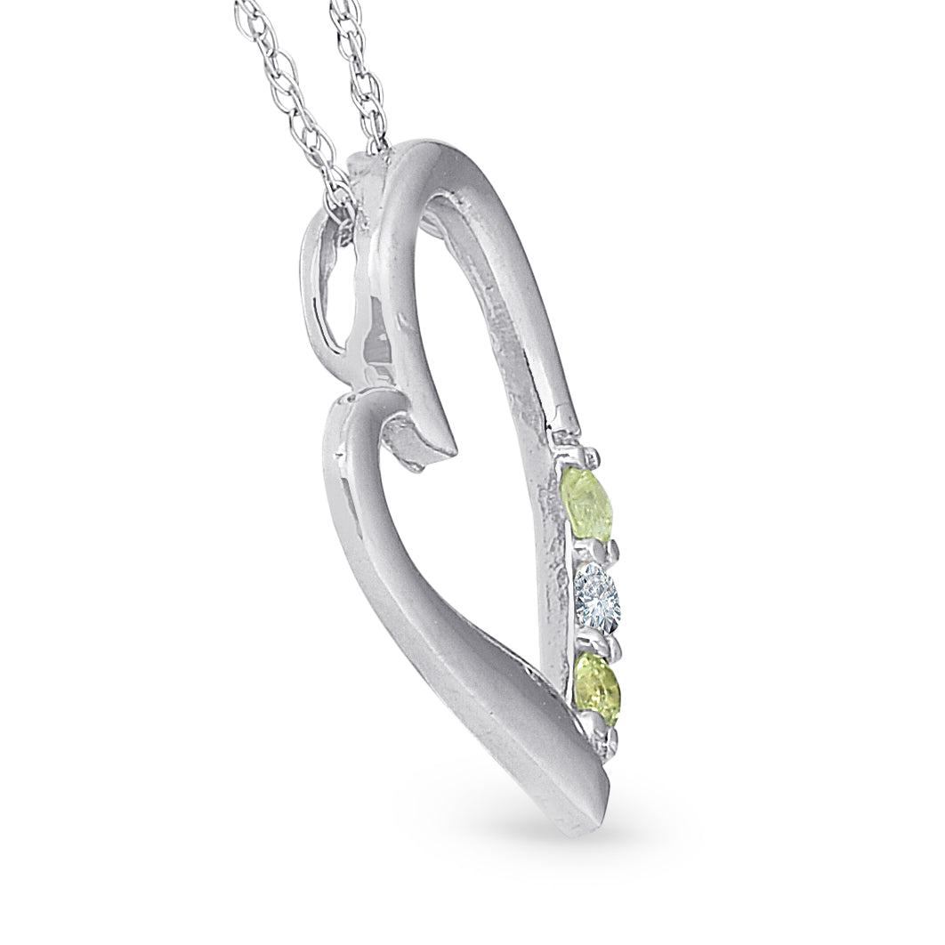 Diamond & Peridot Heart Pendant 3-Stone 10K White Gold with 18' Chain