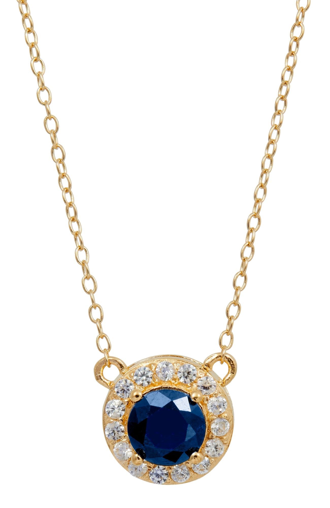 18K GOLD VERMEIL OVER STERLING SILVER NATURAL BLUE SAPPHIRE AND WHITE CZ PENDANT NECKLACE