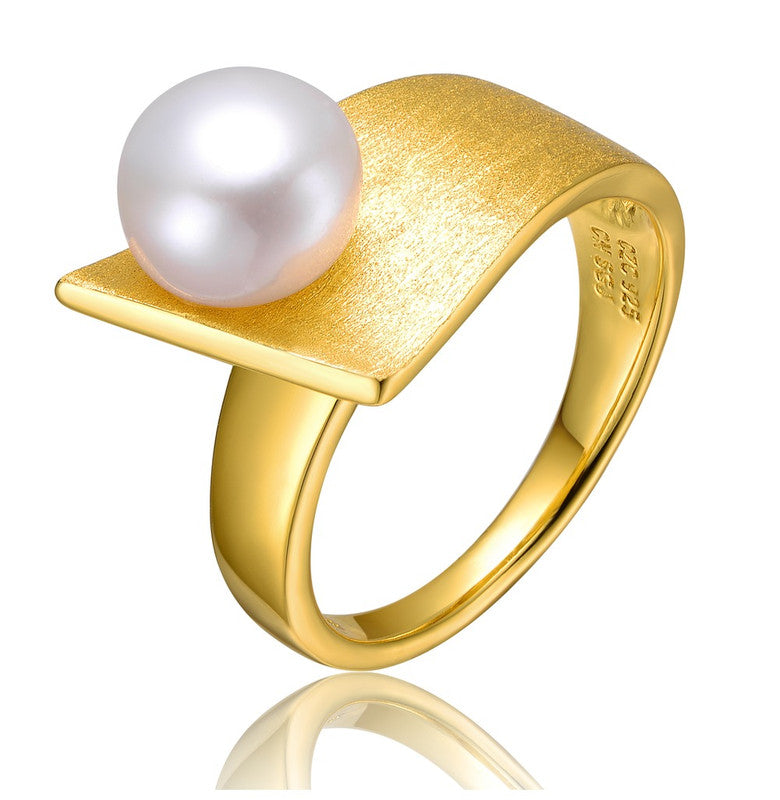 Sterling Silver 14k Yellow Gold Plated with Genuine Freshwater Pearl Linear Ring