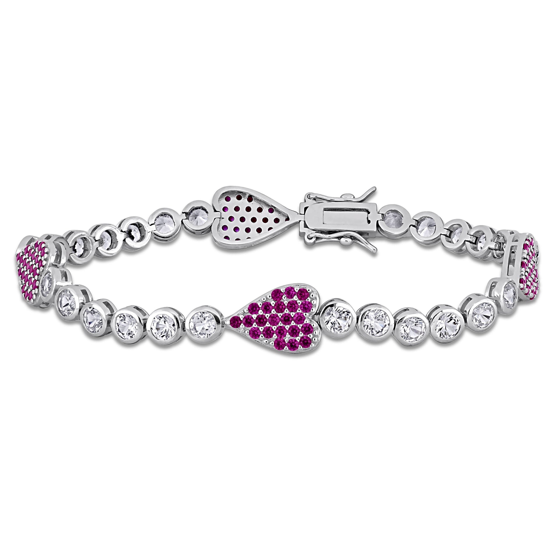 Mimi & Max 9 1/2 CT TGW Created Ruby Created White Sapphire Heart Bracelet Sterling Silver