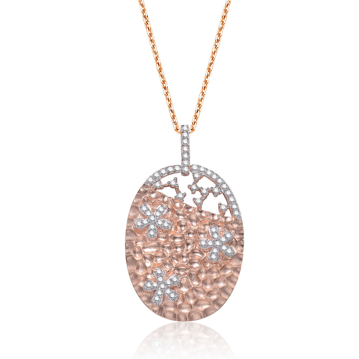 Gv C.z. Sterling Silver Rose Plated Hammered Oval Shape Pendant