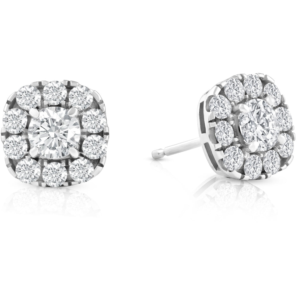 1 3/8 ct Cushion Halo Diamond Studs 14K White Gold