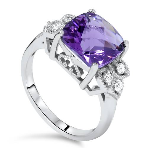 4 1/4ct Cushion Amethyst Vintage Diamond Ring 14K White Gold