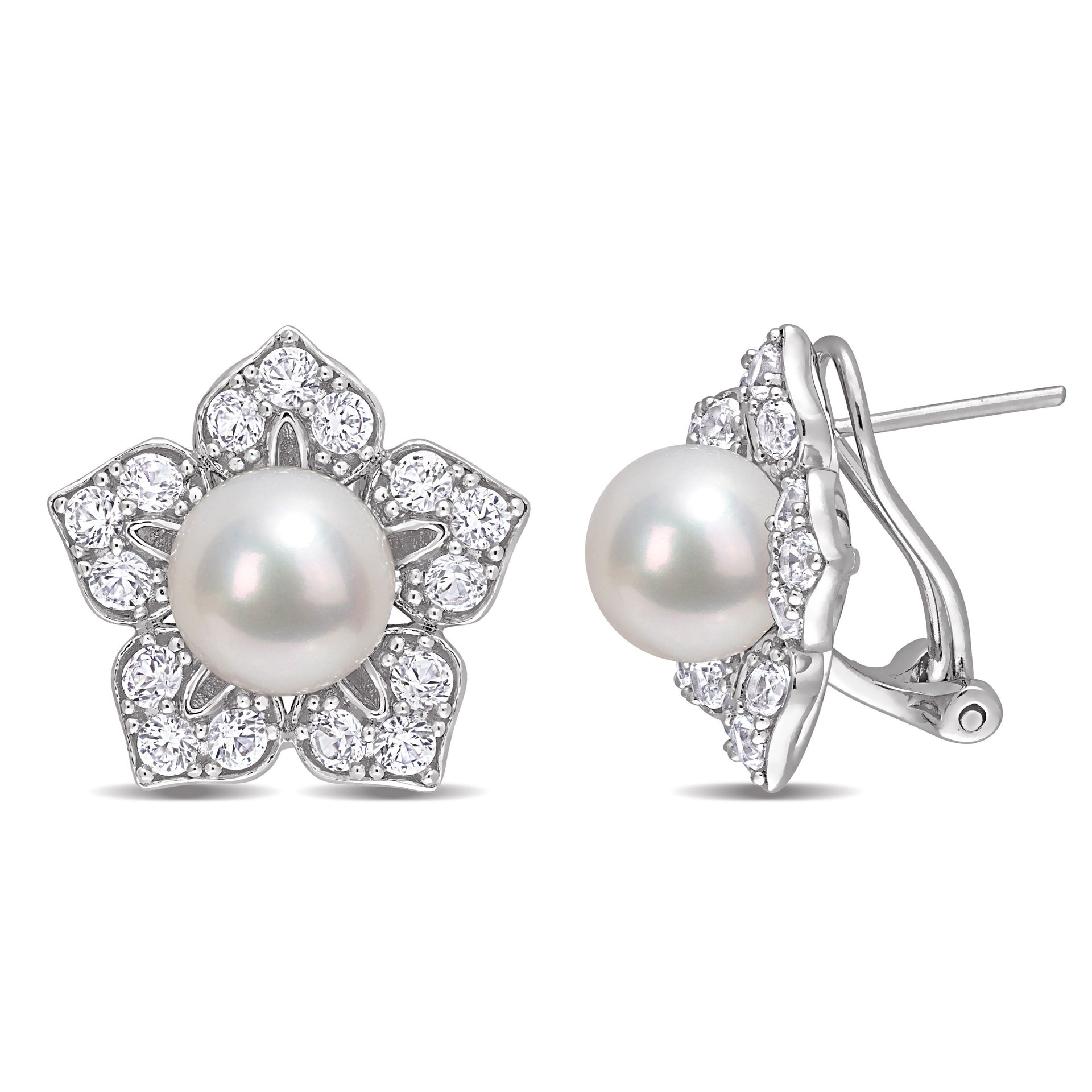 8.5-9 MM Freshwater Cultured Pearl and 2 3/4 CT TGW Created White Sapphire Floral Earrings in Sterling Silver