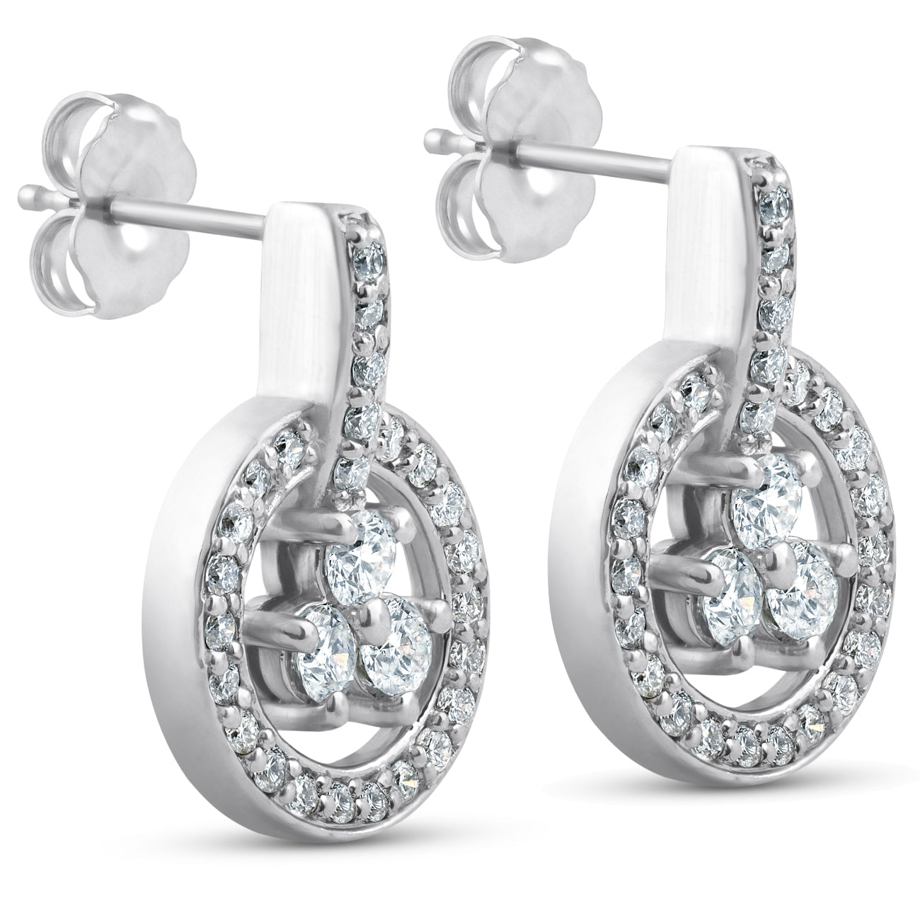 1ct Diamond Circle Three Stone Drop Dangle Earrings 14k White Gold