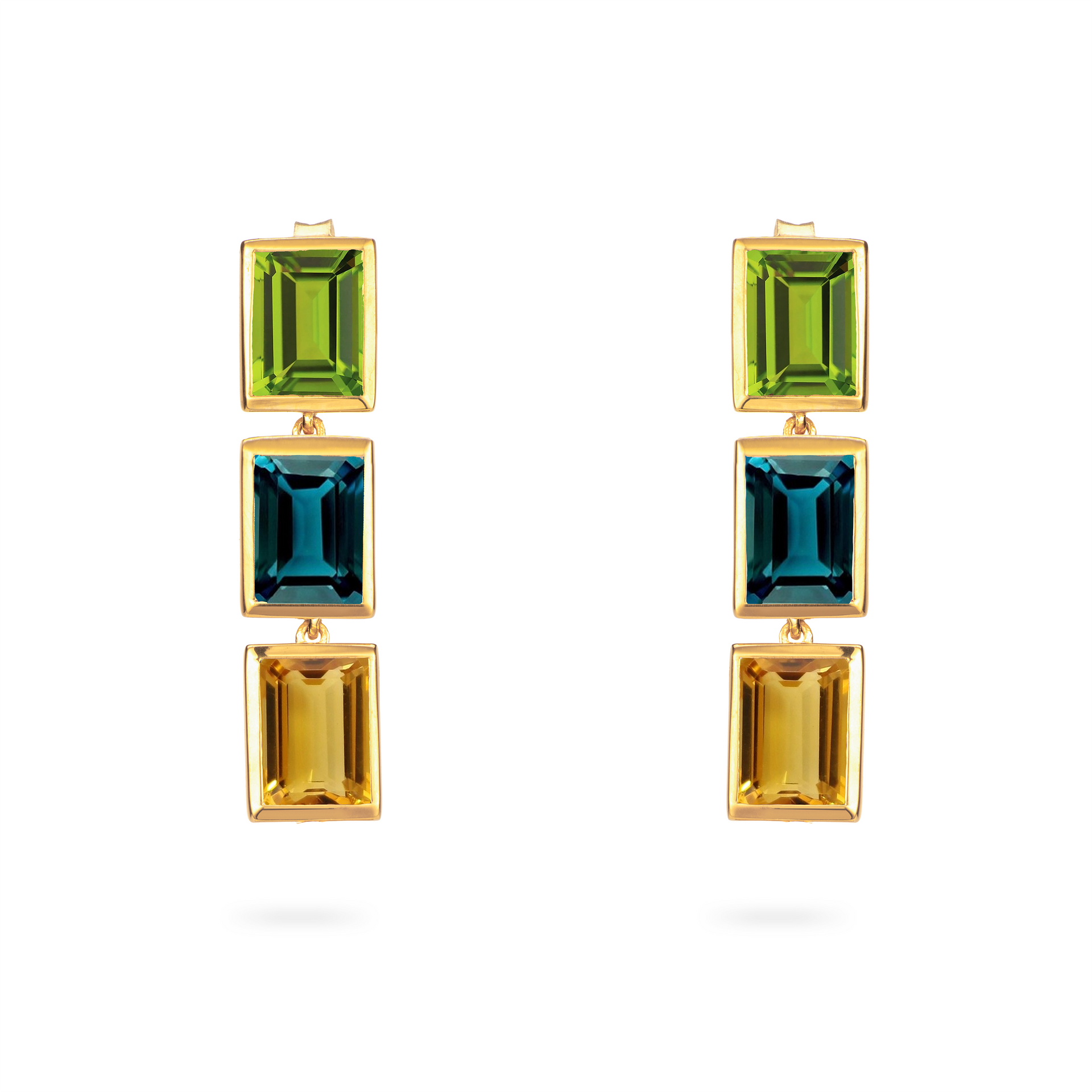 Peridot, London Blue Topaz and Citrine 3 Drop Earrings