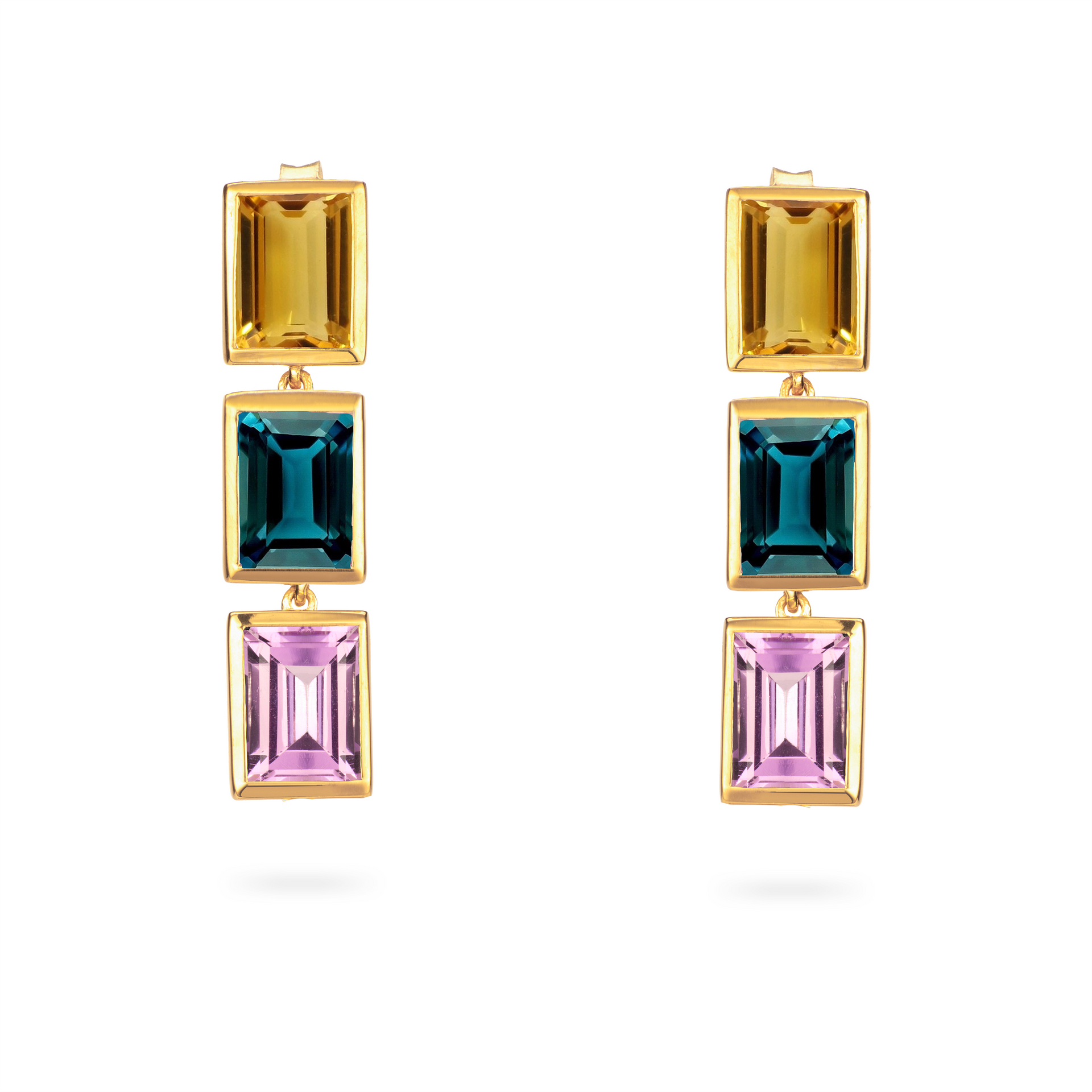 Citrine, London Blue Topaz and Purple Amethyst 3 Drop Earrings