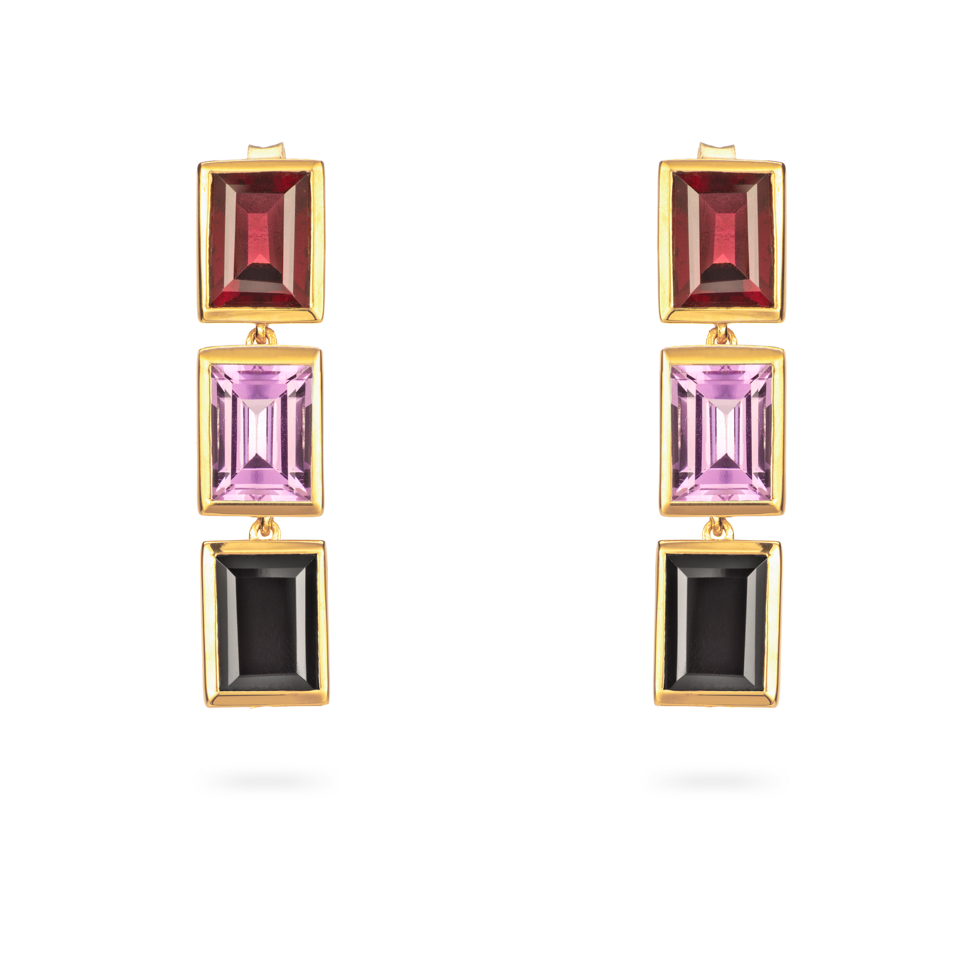 Rhodolite, Purple Amethyst and Spinel 3 Drop Earrings