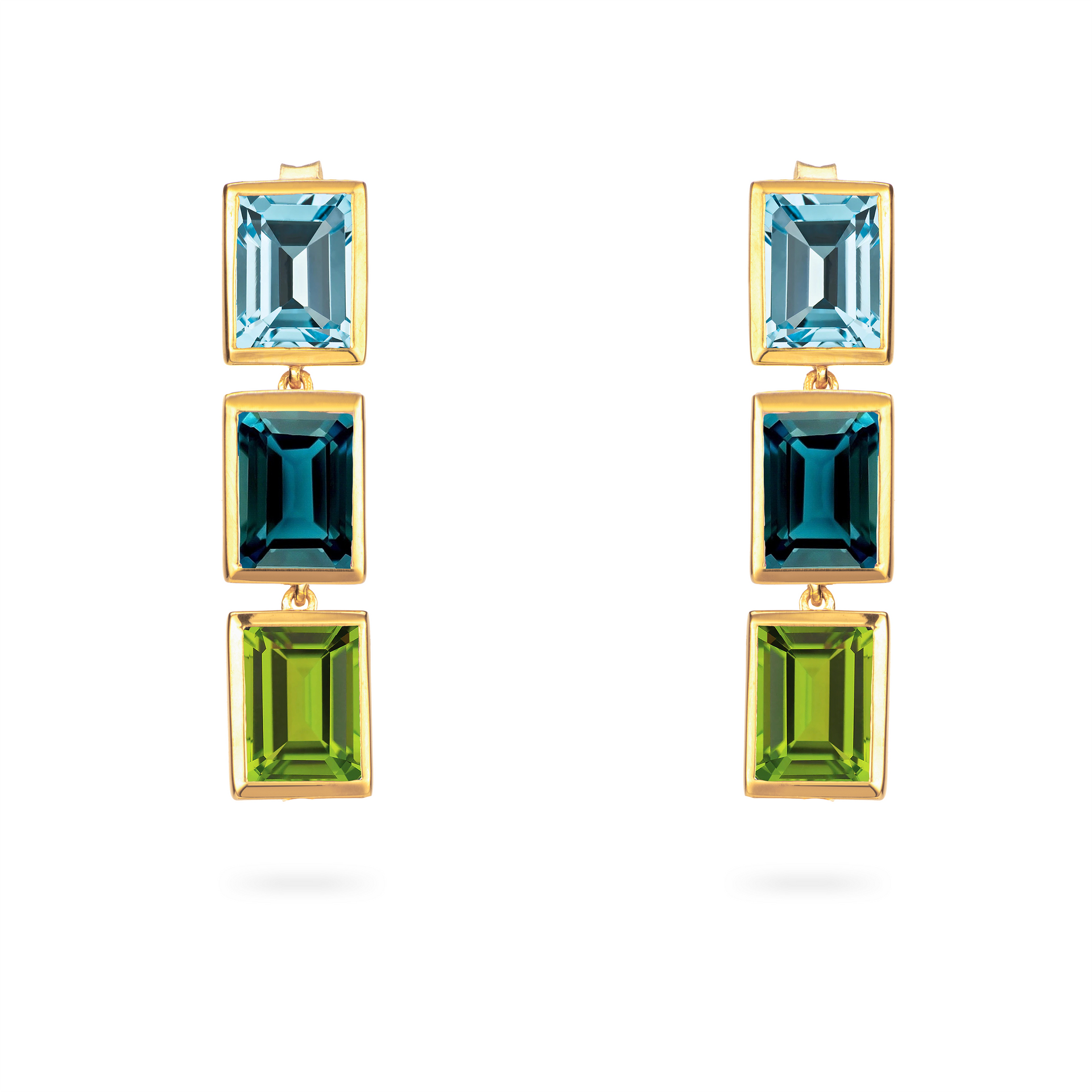 Sky Blue Topaz, London Blue Topaz and Peridot 3 Drop Earrings