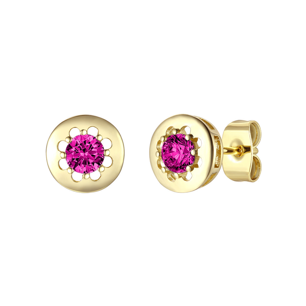 Rg 14k Gold Plated with Ruby Cubic Zirconia Round Solitaire Bezel Stud Earrings