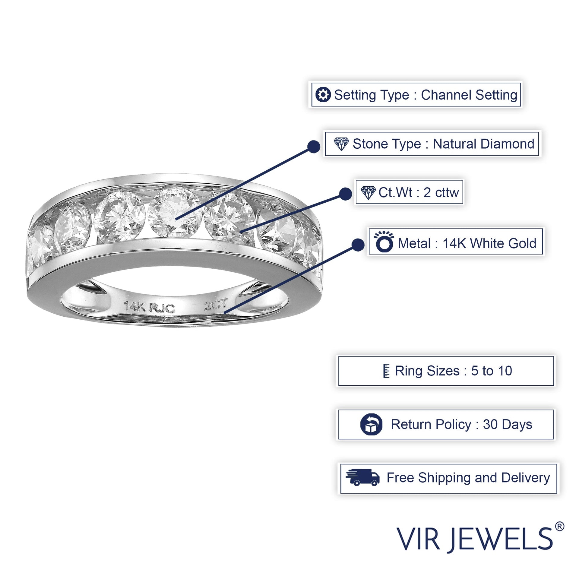 2 Cttw White Diamond Wedding Band For Women 14K Gold Channel Set