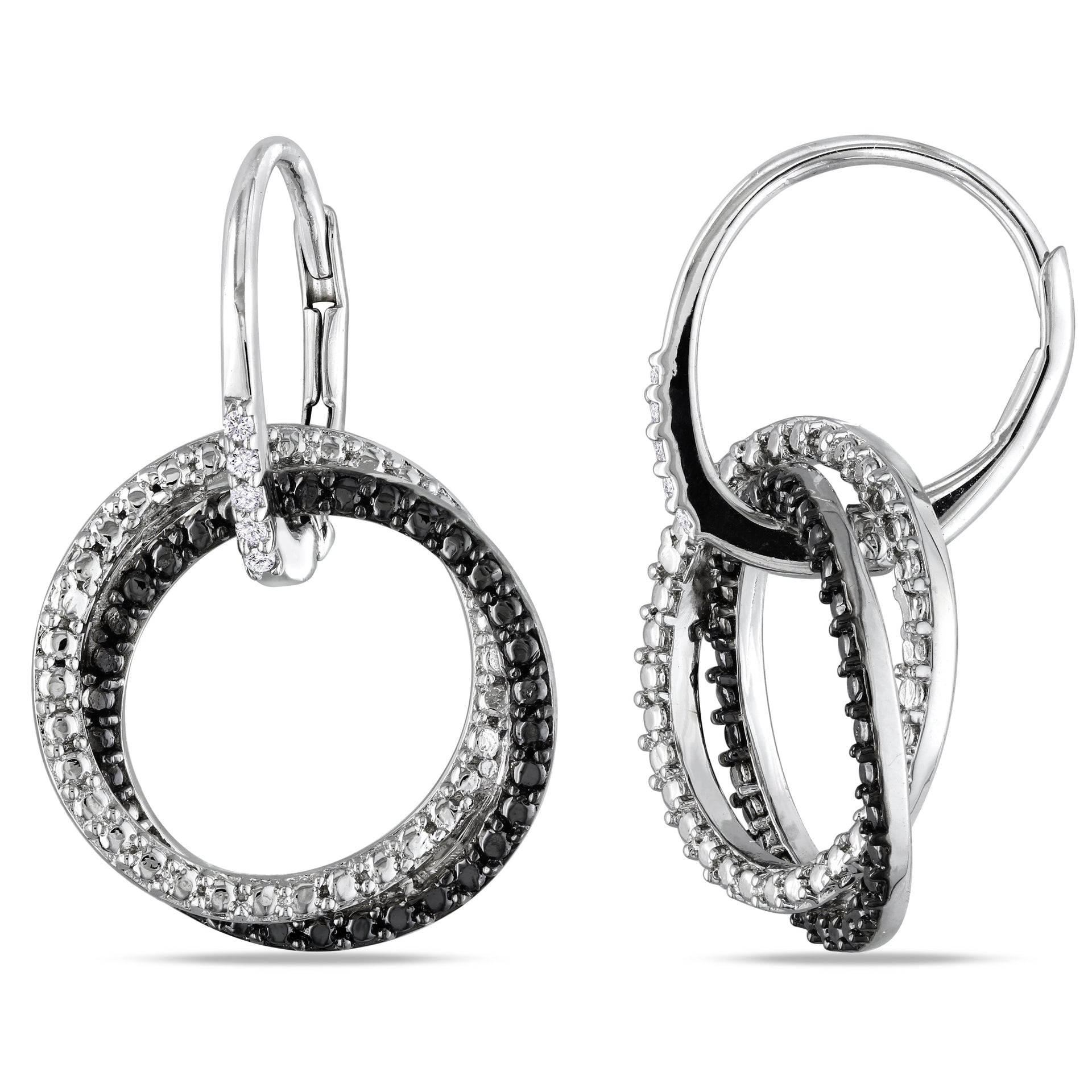 Mimi & Max Diamond Double Interlocked Circle Leverback Earrings in Sterling Silver with Black Rhodium