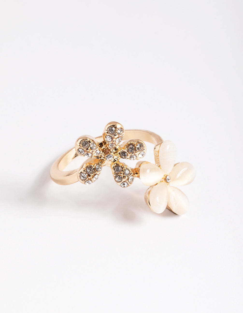 Gold Diamante and Cateye Flower Ring