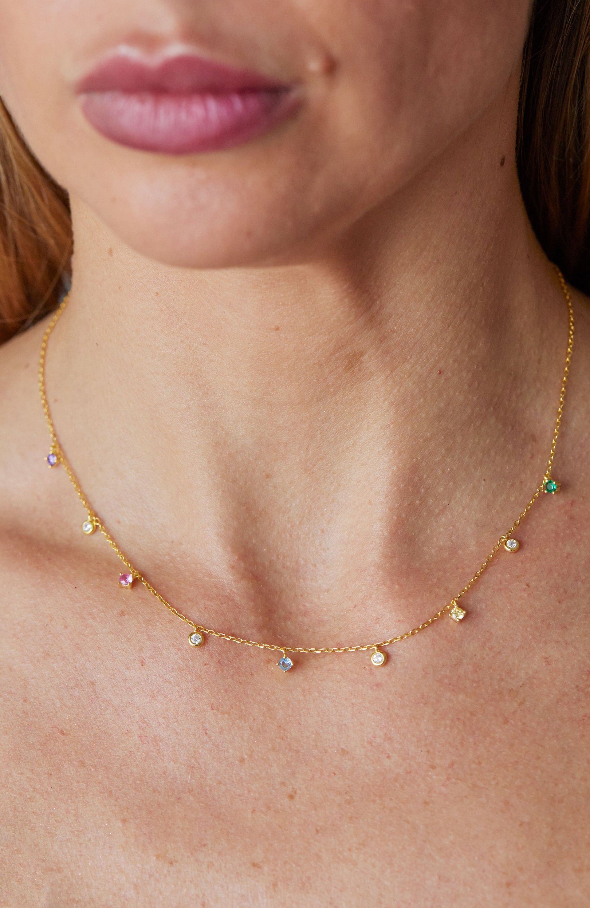 18K Gold over Sterling Silver Multi Color Single Layer Necklace