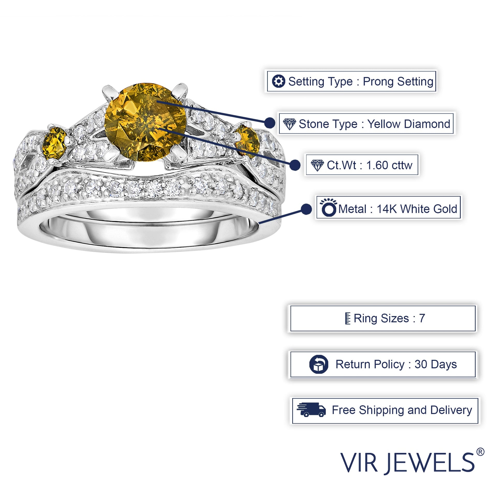 1.60 cttw 3 Stone Yellow and White Diamond Engagement Ring 14K White Gold