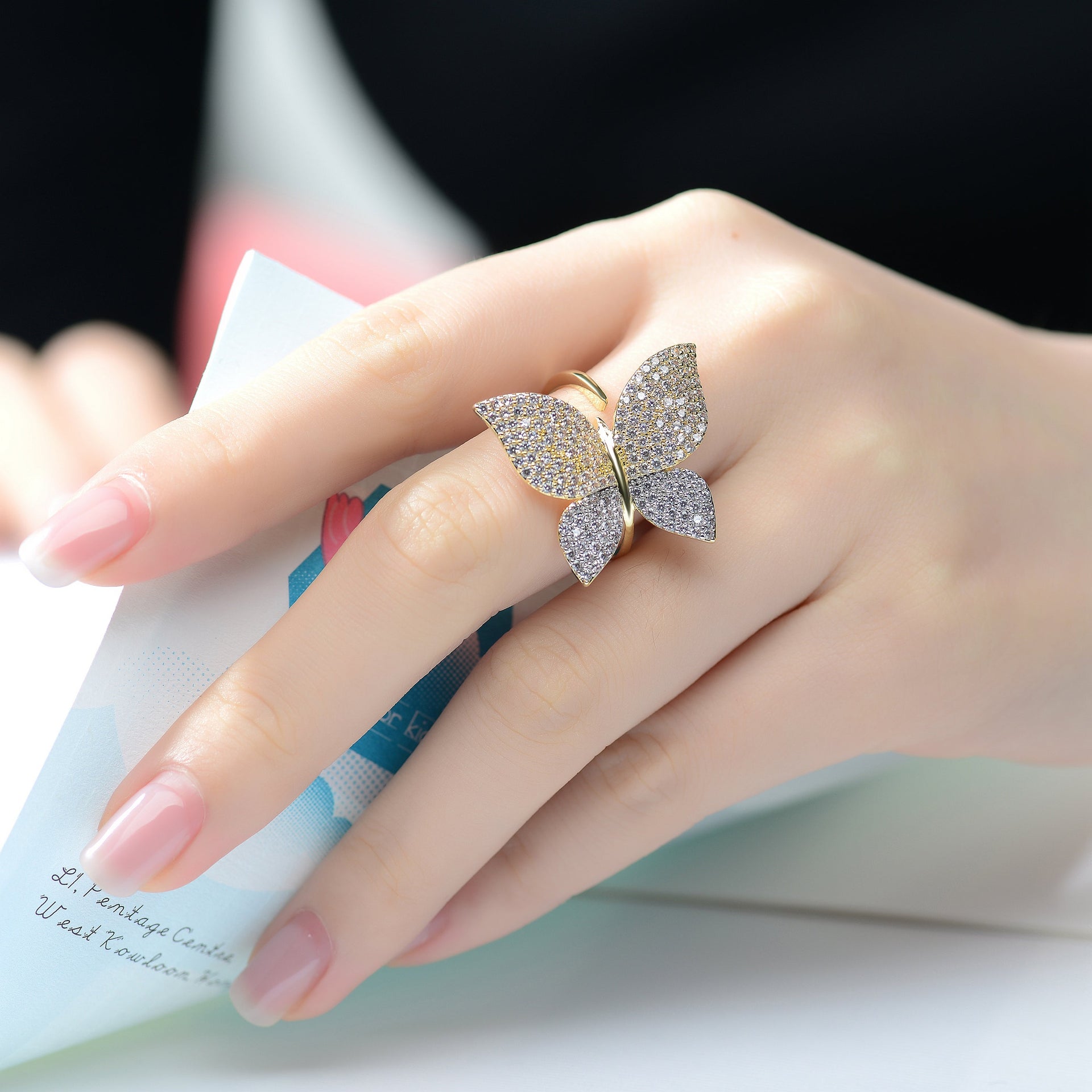 Sterling Silver 14k Gold Plated with Diamond Cubic ZIrconia Large Garden Butterfly Ring