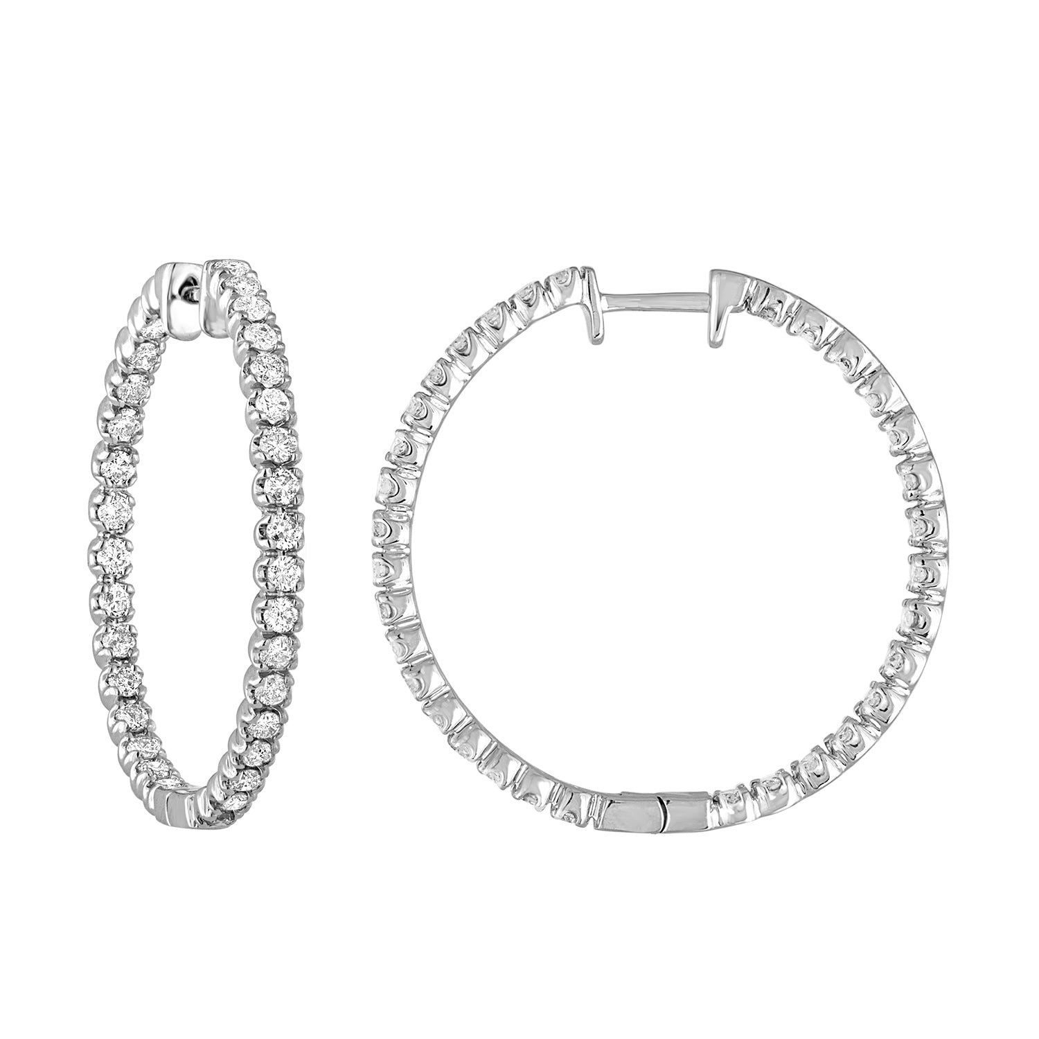 2 cttw Diamond Inside Out Hoop Earrings 14K White Gold Round Prong 1.25 Inch