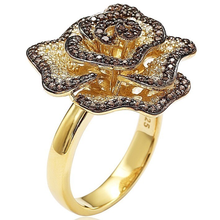 Suzy Levian Golden Sterling Silver Brown and White Cubic Zirconia Pave Flower Ring