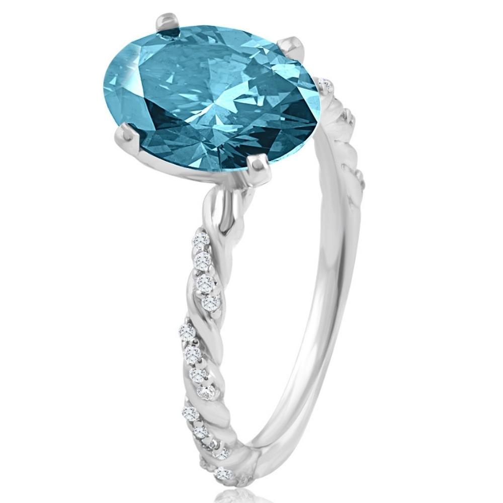 3 1/10 Ctw Oval Blue Diamond Engagement Ring 14k White Gold Lab Grown