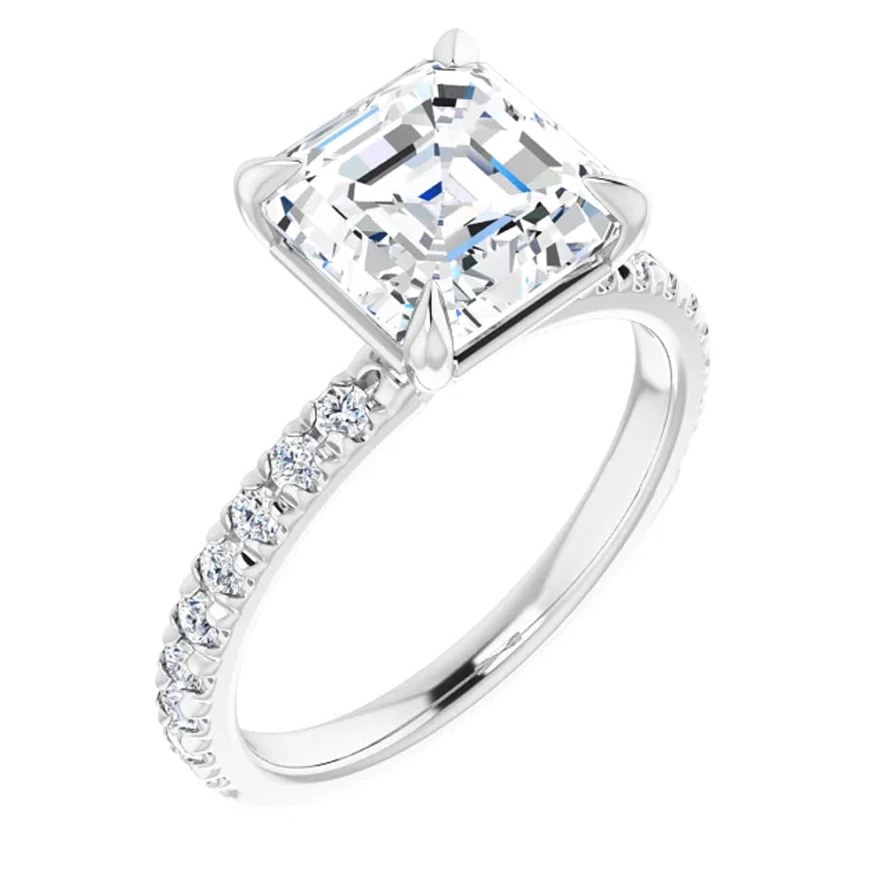 3 1/3Ct Asscher Cut & Diamond Engagement Ring in White, Yellow, or Rose Gold